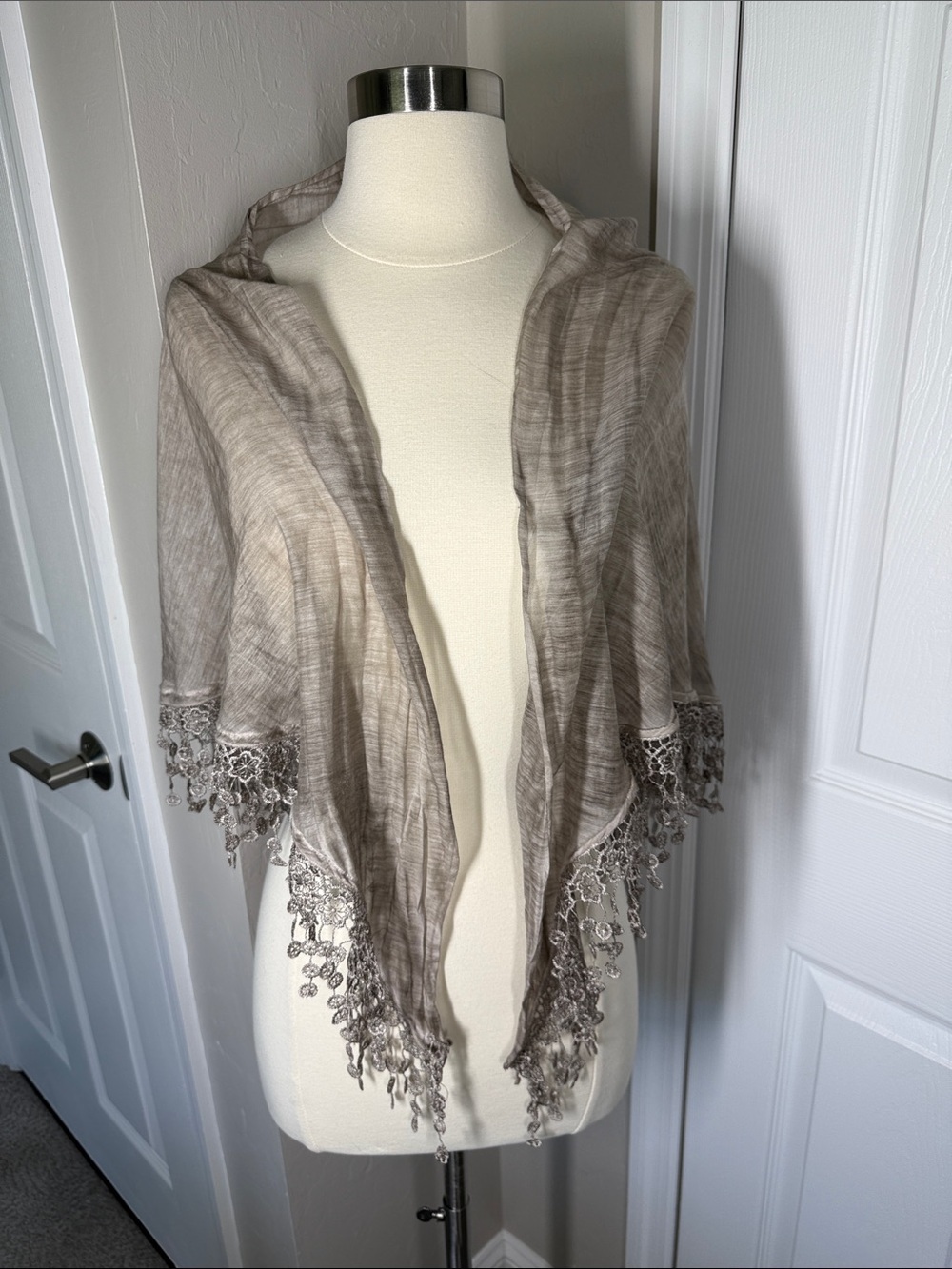 Made in Italy cotton blend lace trim taupe shawl or waist wrap